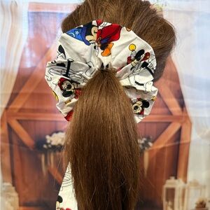Handmade White Mickey Print Hair Scrunchie with Long Tail